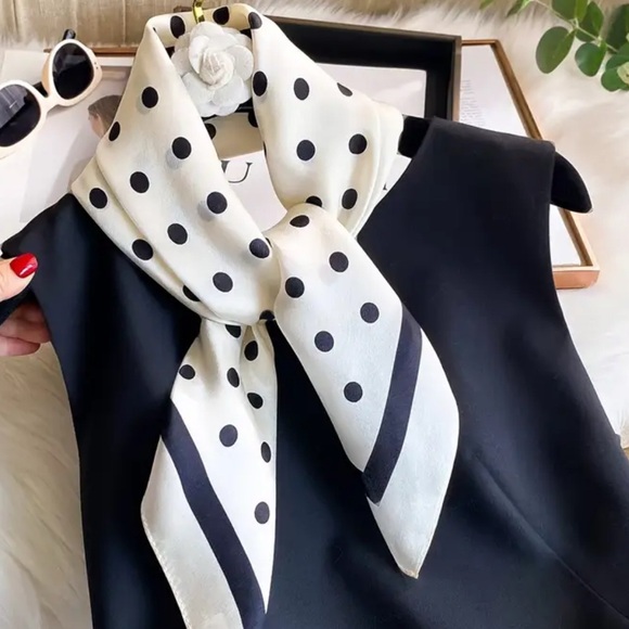 Passion of Essence Accessories - Black & Ivory Polka Dot Satin Square Scarf | Neck Scarf, Hair Tie, Bag Accent